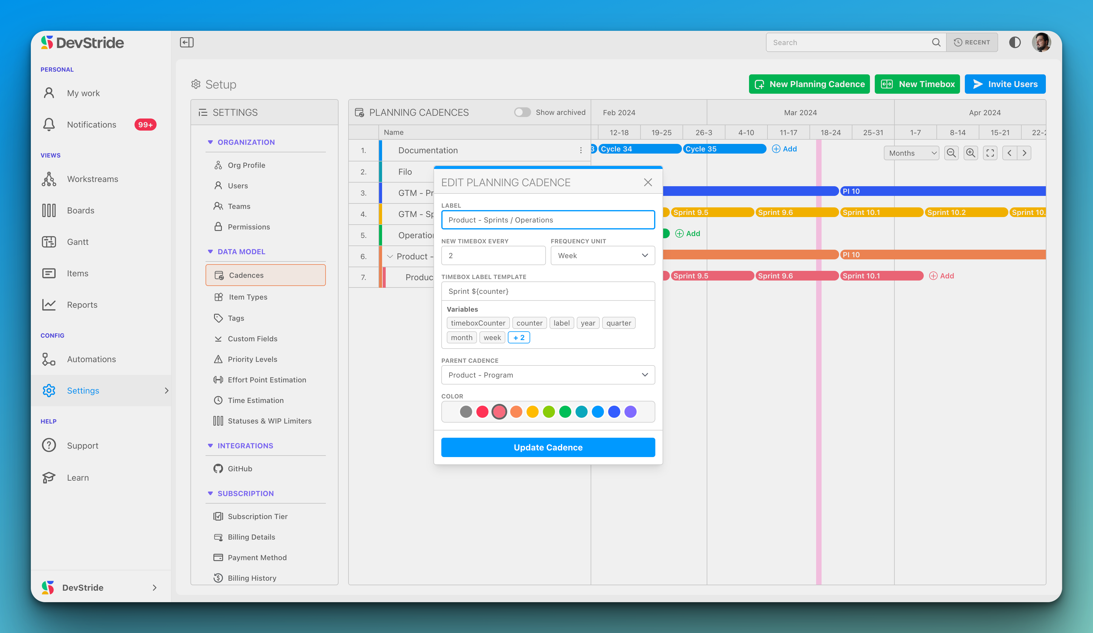 Edit planning cadences