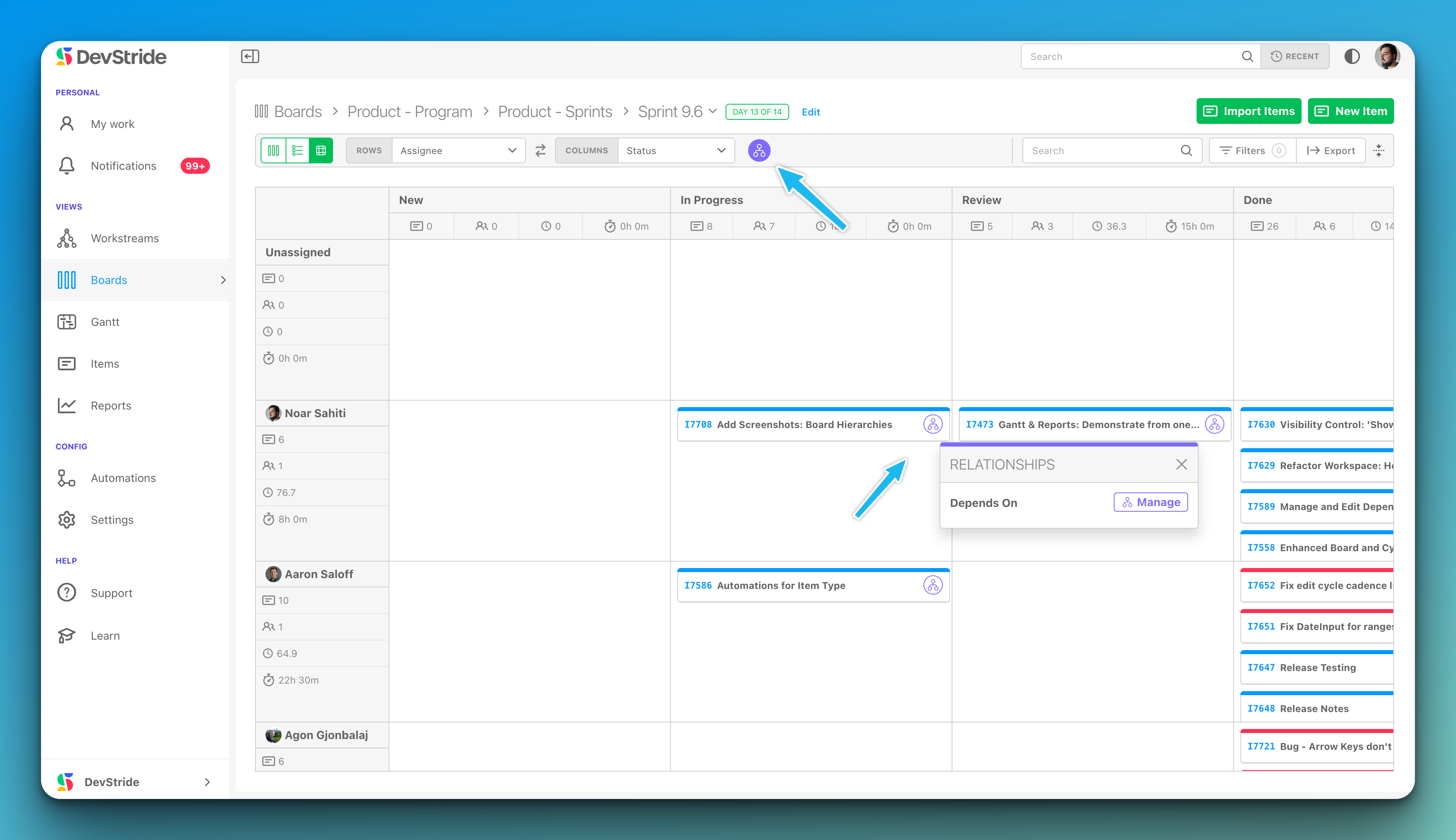 Task detail view showing the Relationships section and Manage button