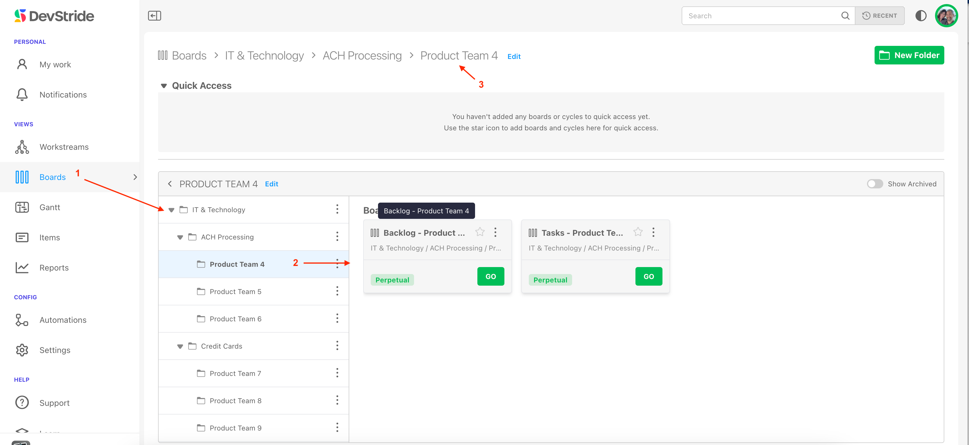 Board folder interface showing folder hierarchy with breadcrumb navigation