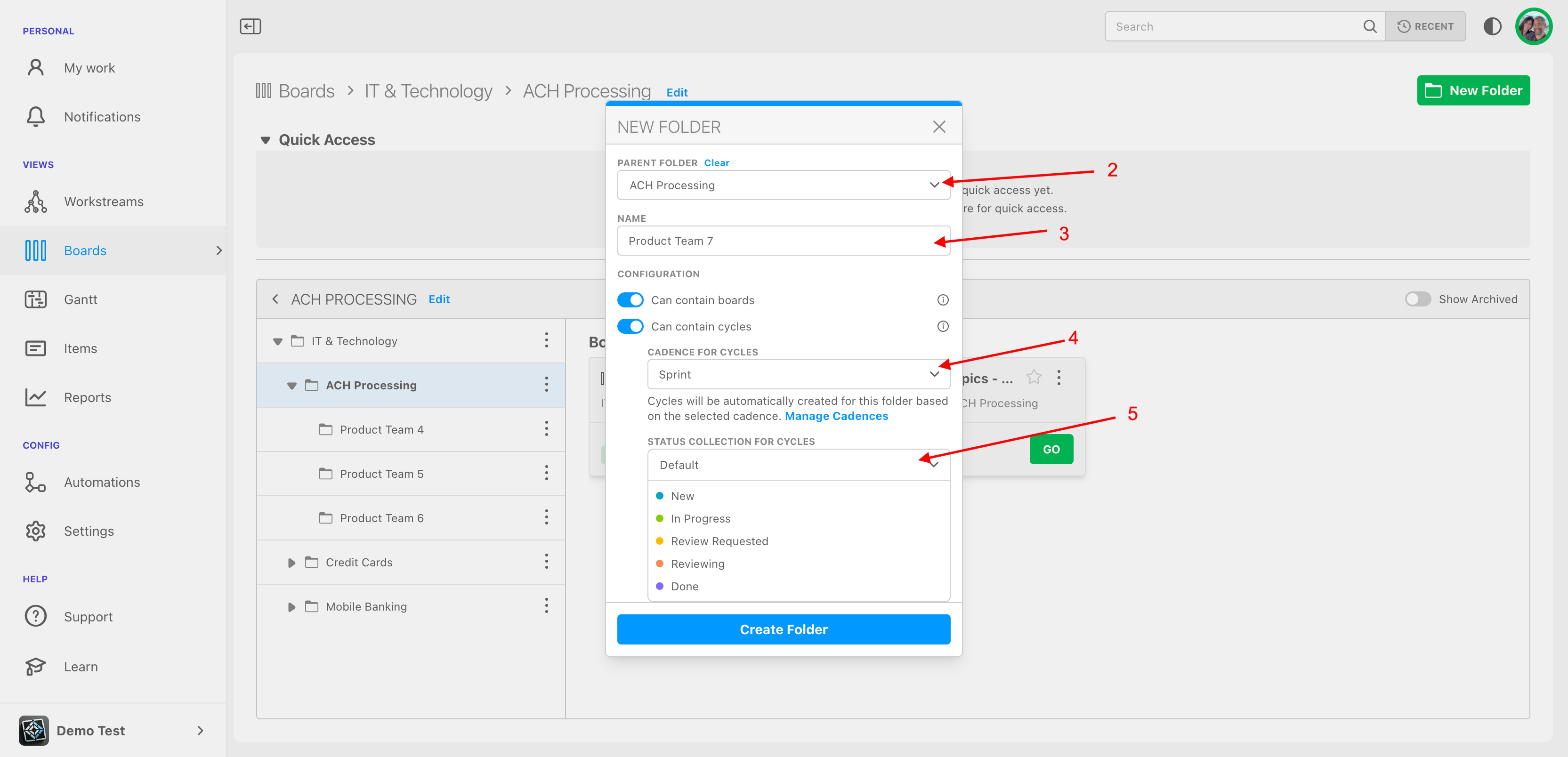 Folder configuration dialog showing cadence and status collection options