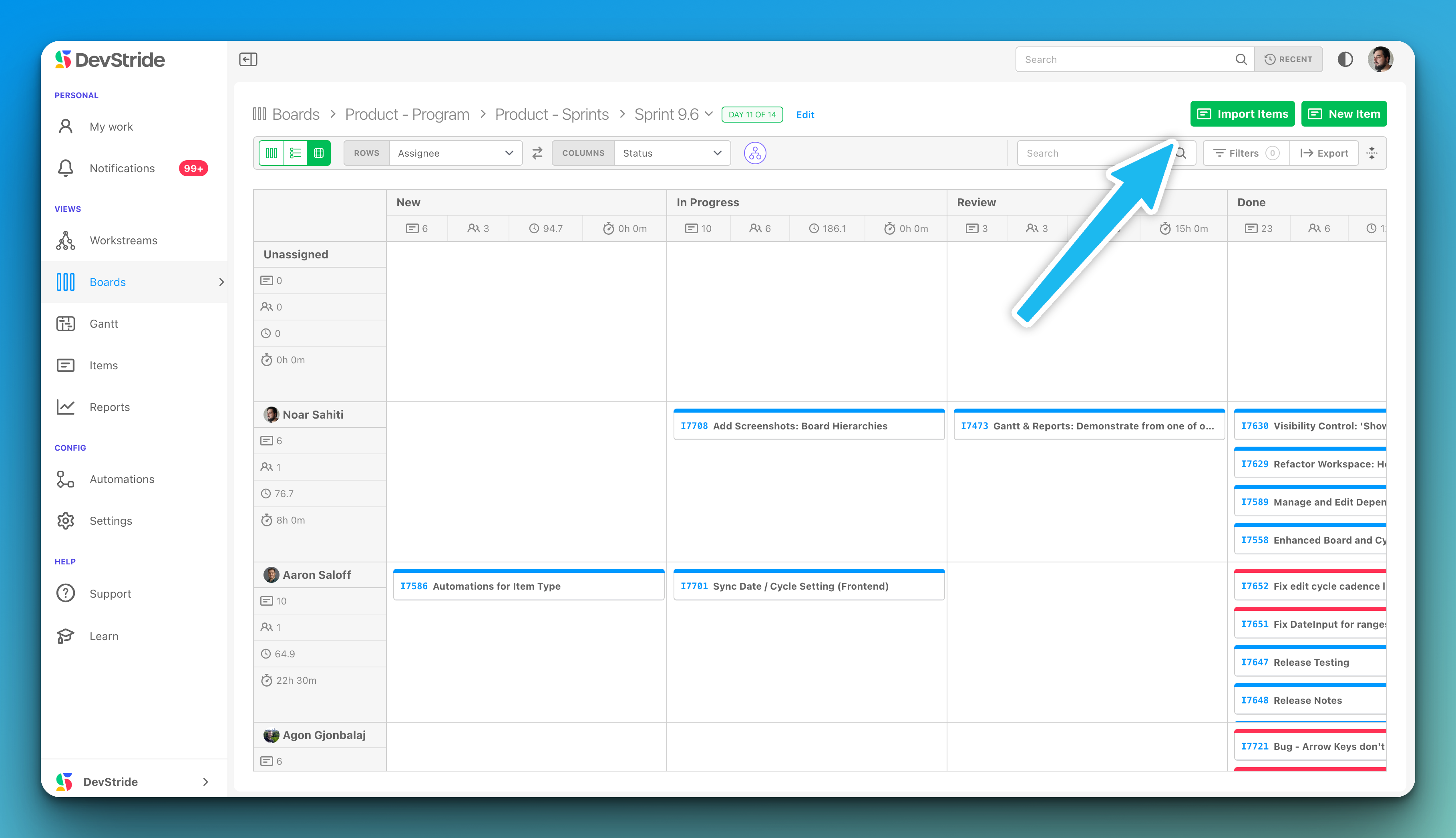 Board interface showing the Import Items button location