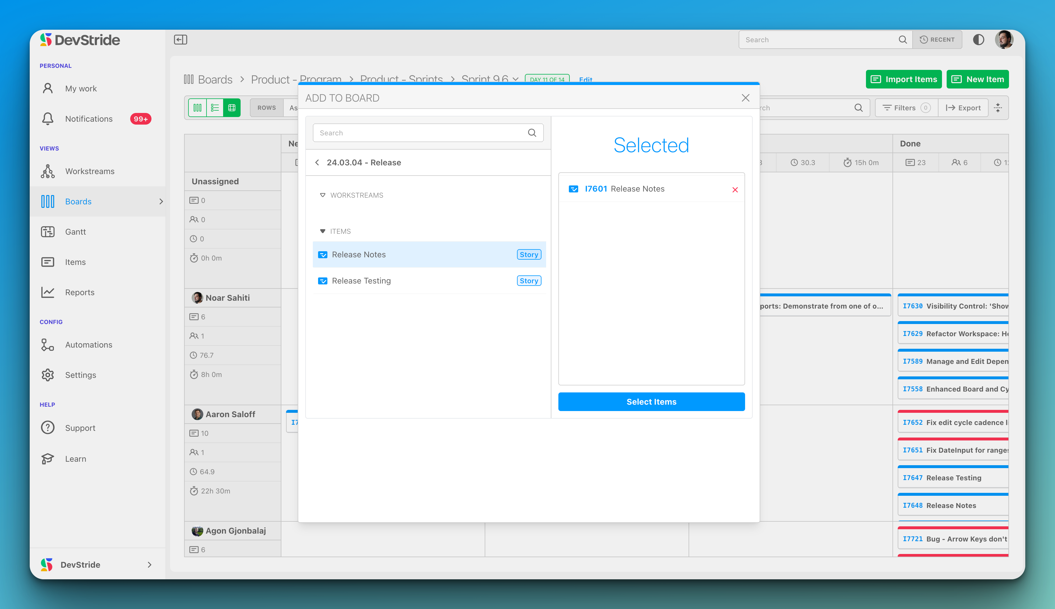 Import dialog showing item selection with checkboxes and search functionality