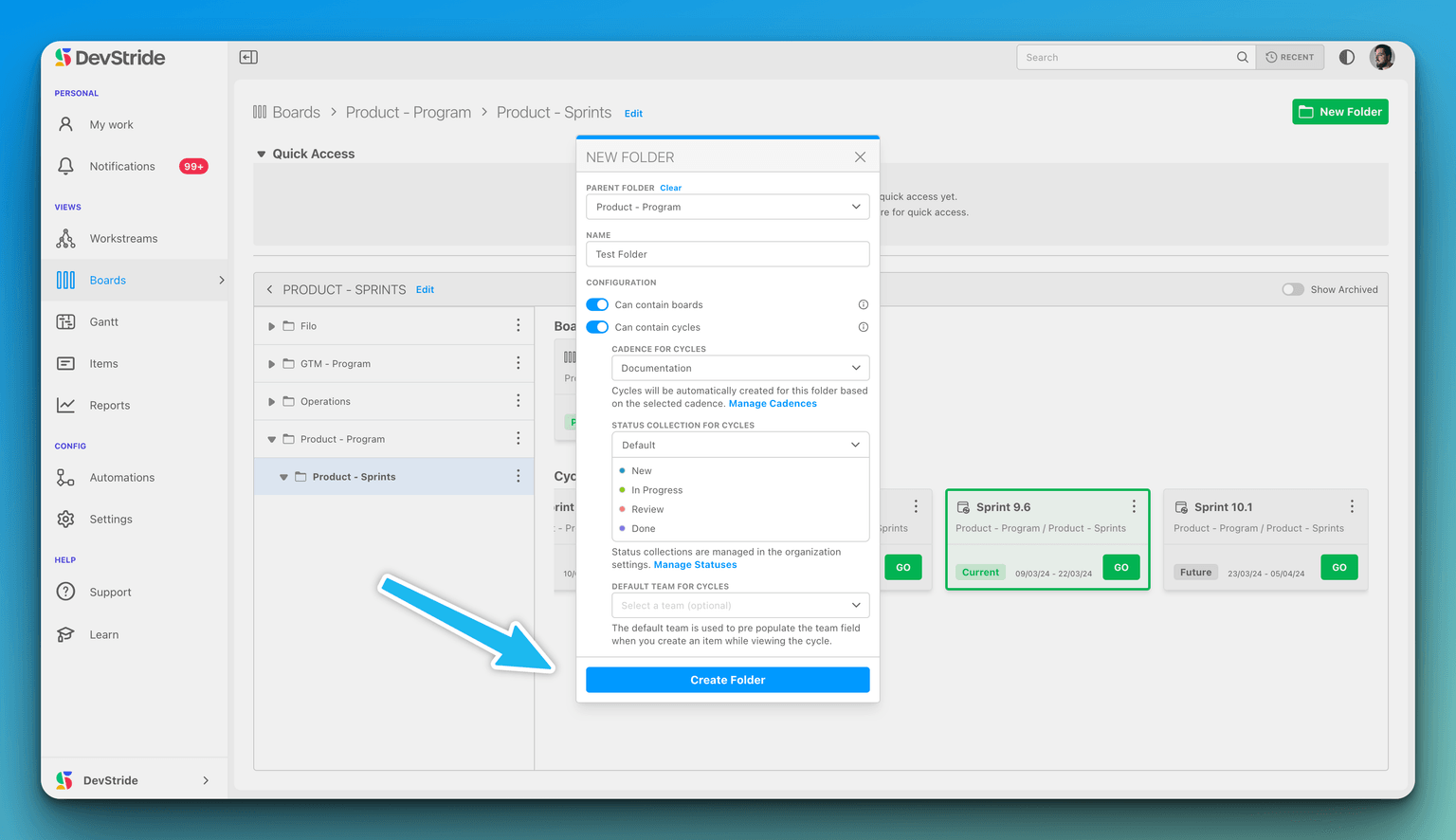 Create folder dialog showing all configuration options including cadence and status collection