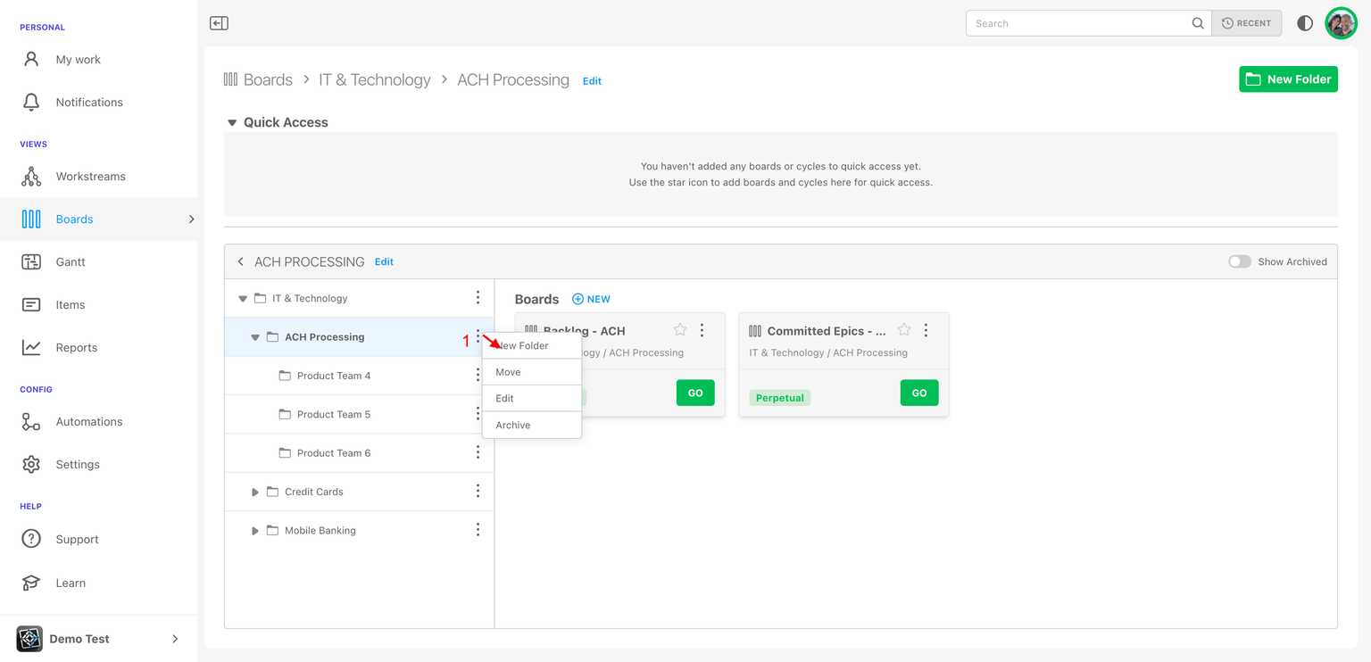 Creating a new subfolder from parent folder menu