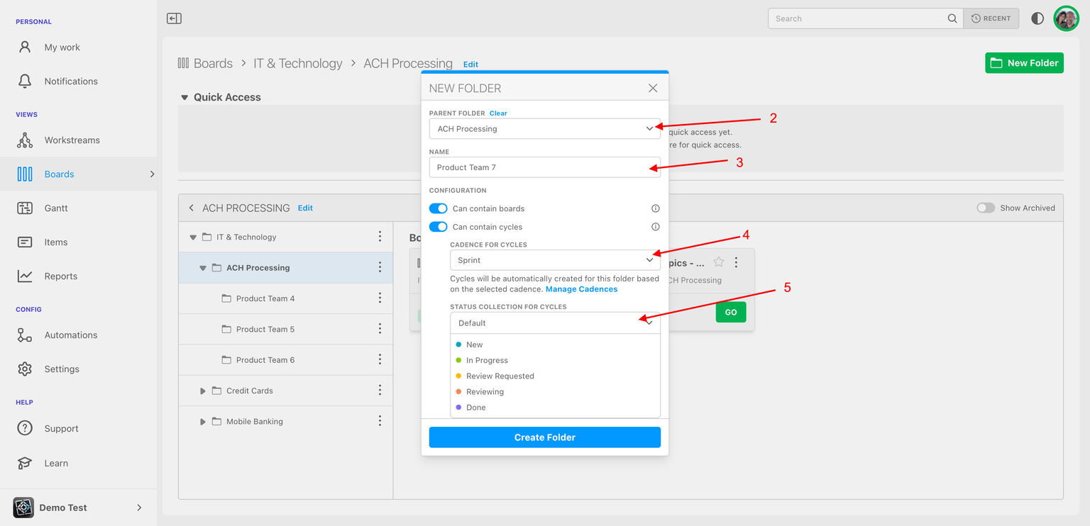 Folder configuration dialog showing cadence and status collection options