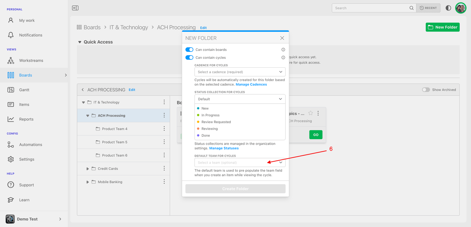 Default team selection in folder configuration