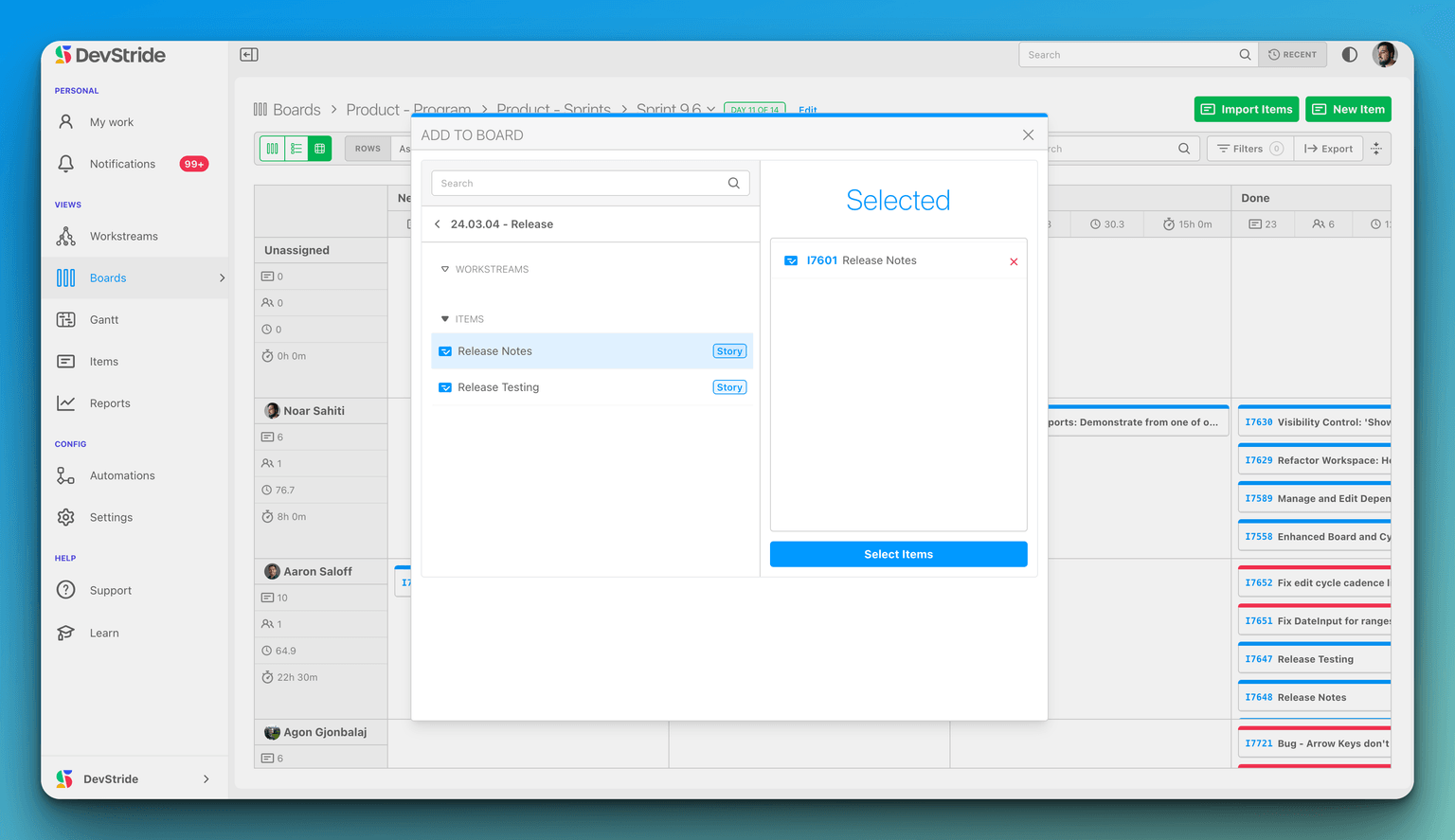 Import dialog showing item selection with checkboxes and search functionality