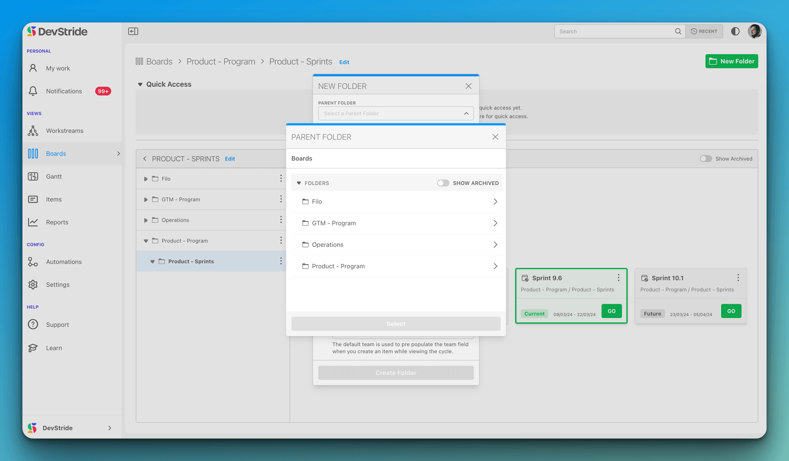 Boards section showing the New Folder button in the interface