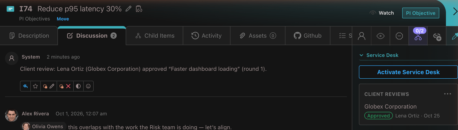 Work item I74's Discussion tab with the System comment "Client review: Lena Ortiz (Globex Corporation) approved 'Faster dashboard loading' (round 1)", and the sidebar's Client reviews card showing Approved, Lena Ortiz, Oct 25.