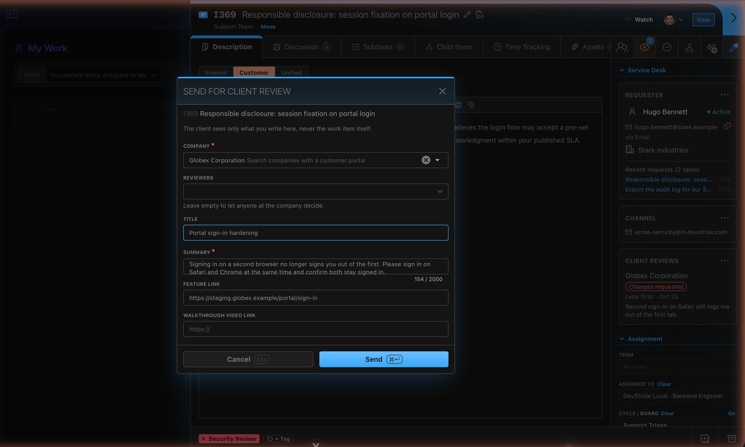 The Send for client review dialog on work item I369: Globex Corporation chosen as the company, Reviewers left empty so anyone at the company can decide, the title "Portal sign-in hardening", a summary of what to check, and a feature link.