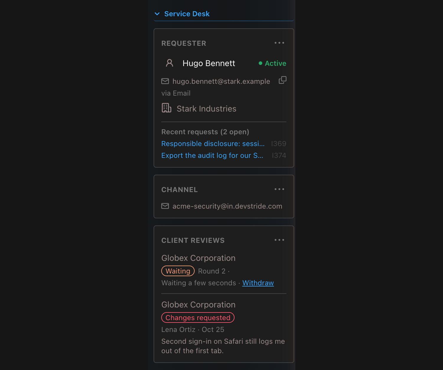 The item sidebar's Service Desk cards: Requester, Channel, and Client reviews. Client reviews shows Globex Corporation twice: round 2 Waiting a few seconds with a Withdraw link, and round 1 Changes requested by Lena Ortiz on Oct 25 with her note.