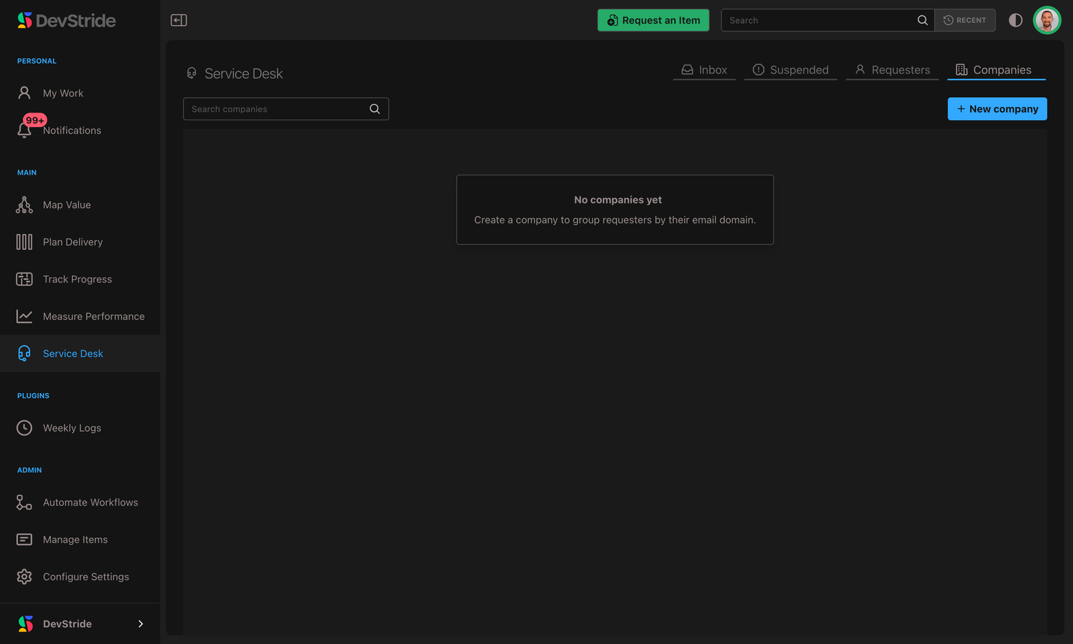 The Companies tab in the Service Desk module, with the New company button.