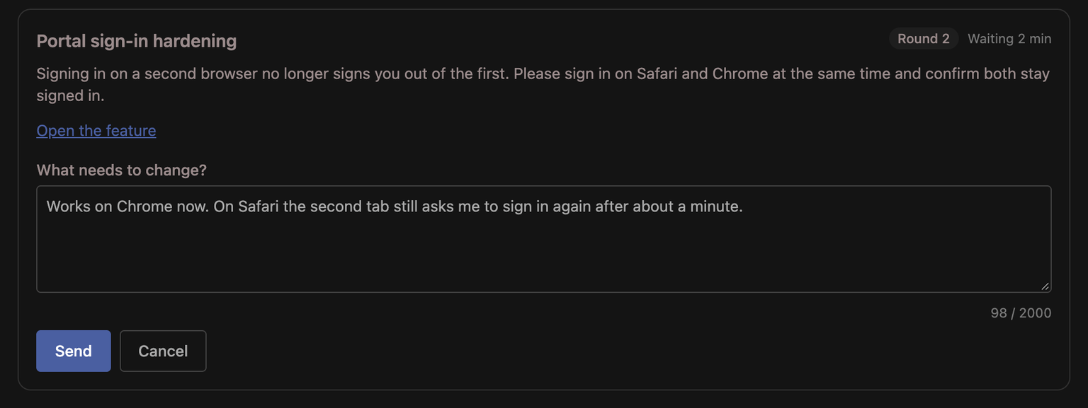 A review card after clicking Request changes: the "What needs to change?" box holds the reviewer's note, with a 98 / 2000 character count and Send and Cancel buttons.