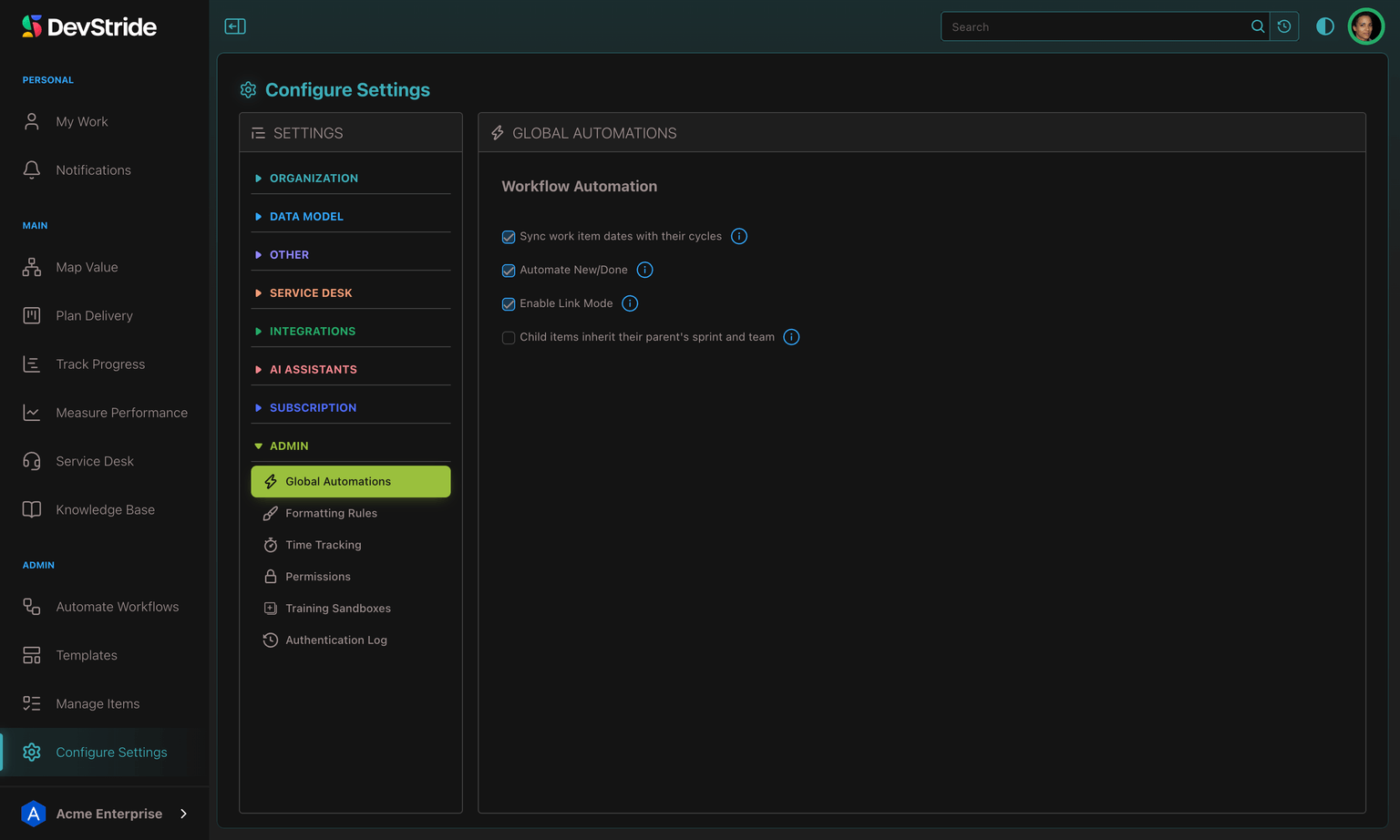 Configure Settings open on Admin → Global Automations: the Workflow Automation heading with four checkboxes, Sync work item dates with their cycles, Automate New/Done, Enable Link Mode and Child items inherit their parent's sprint and team.