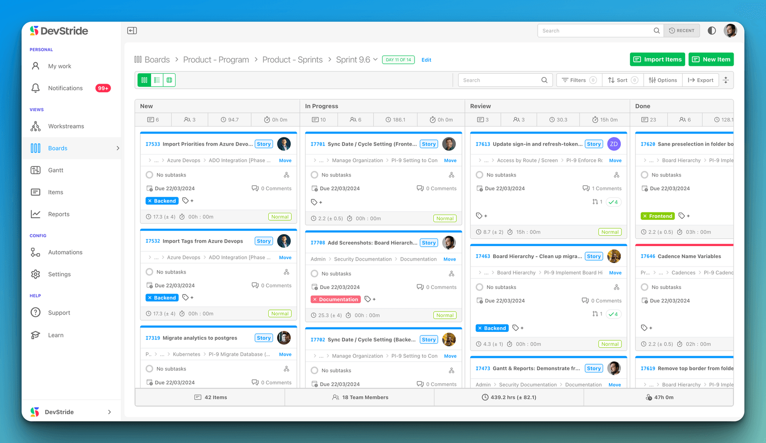 Status view showing work items as cards organized in columns by workflow stage
