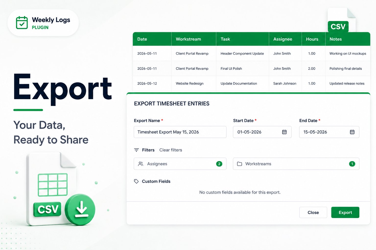 Weekly Logs export dialog
