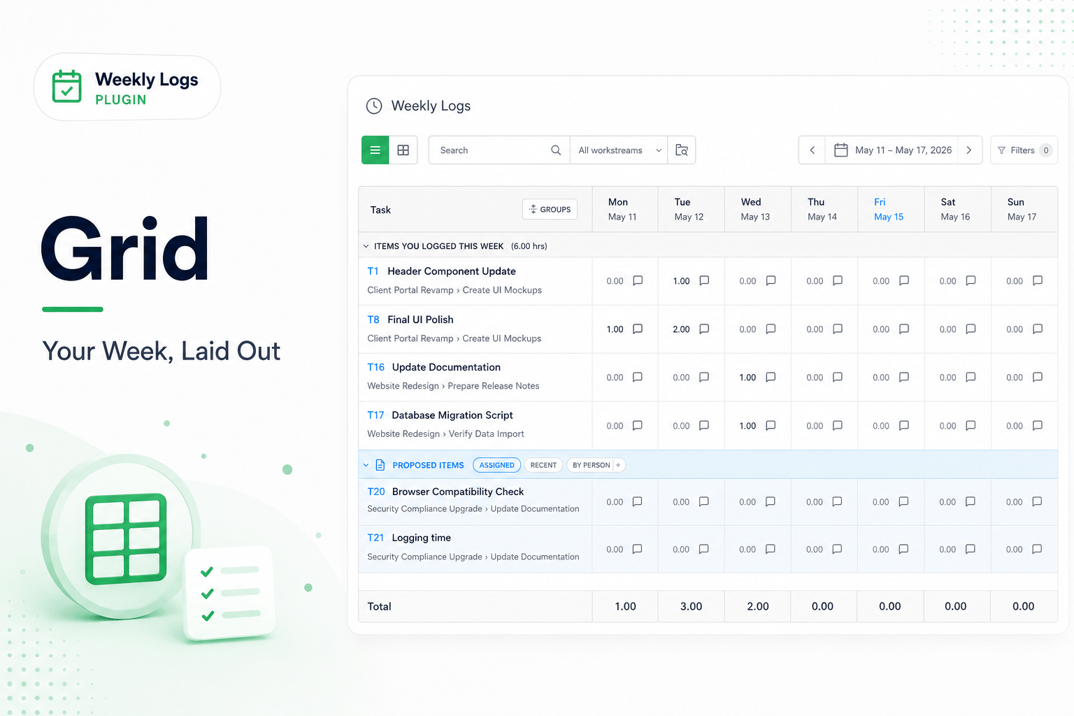Weekly Logs grid