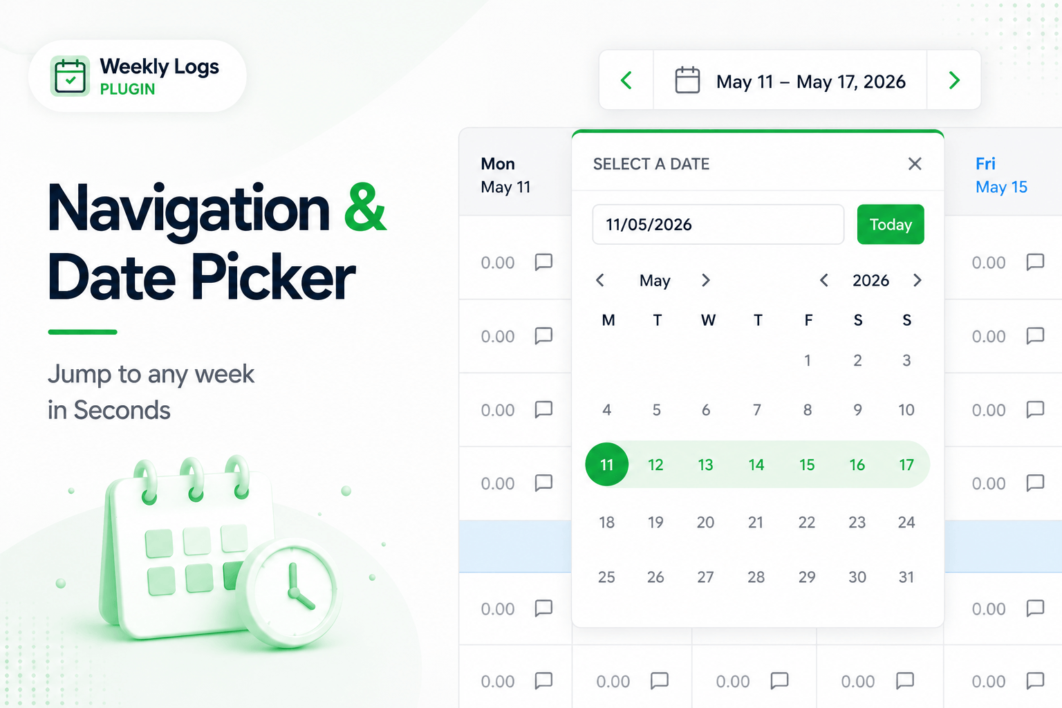 Weekly Logs week navigation and date picker