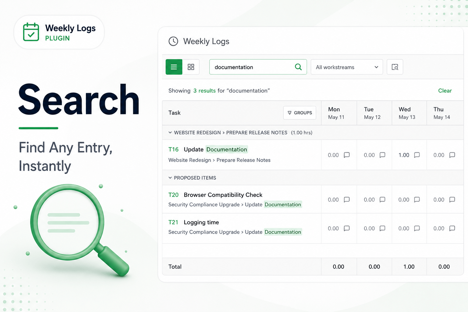 Weekly Logs search and advanced search