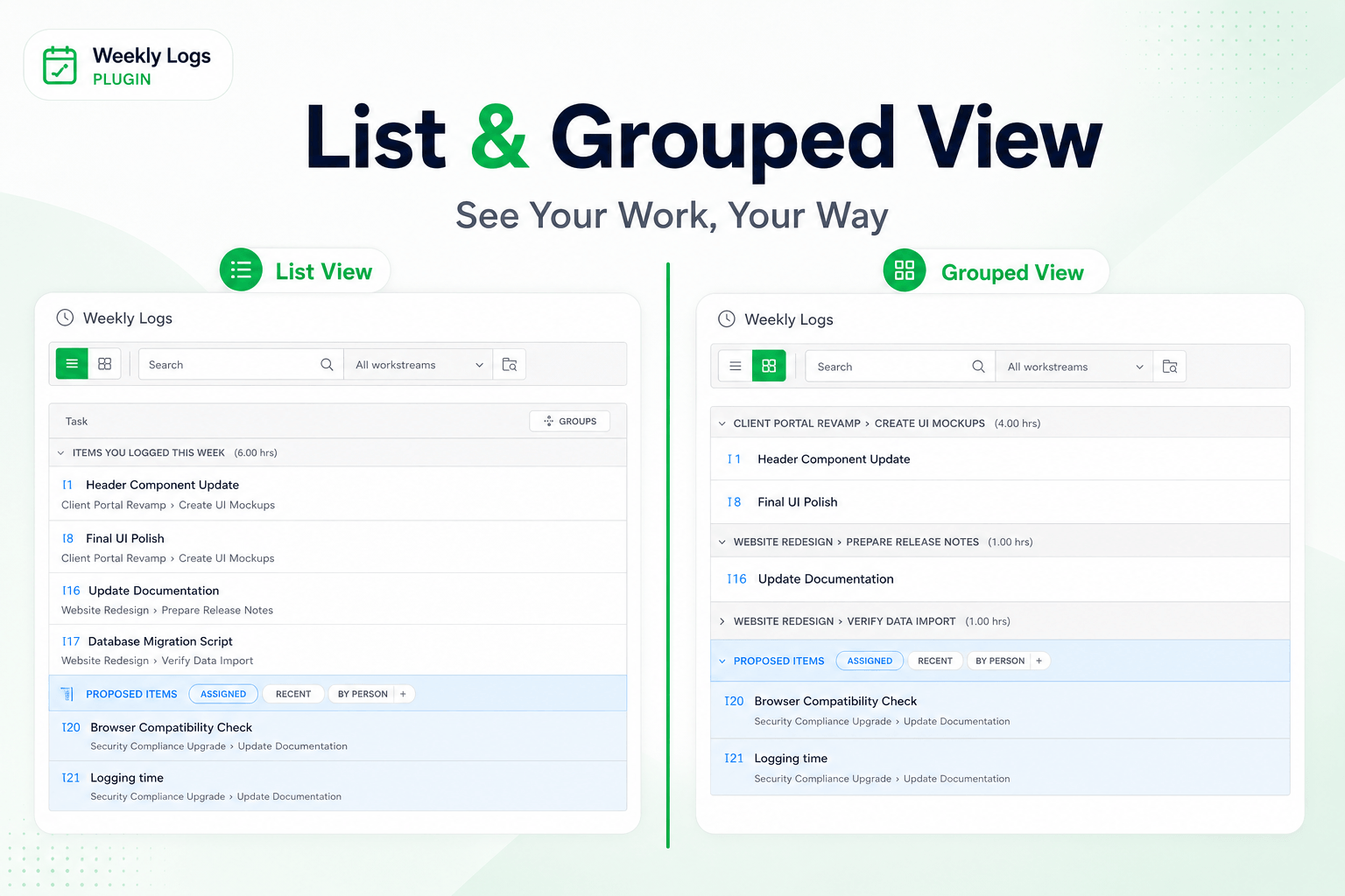 Weekly Logs list and grouped views