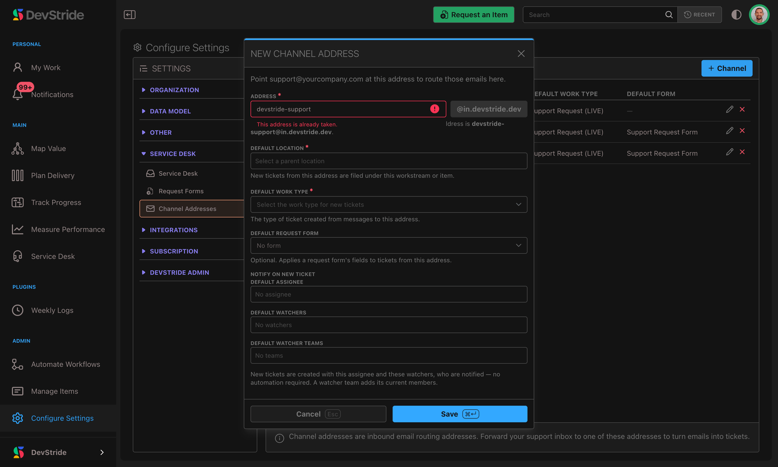The New channel address dialog with fields for the address, default location, default work type, default request form, and default assignee and watchers.