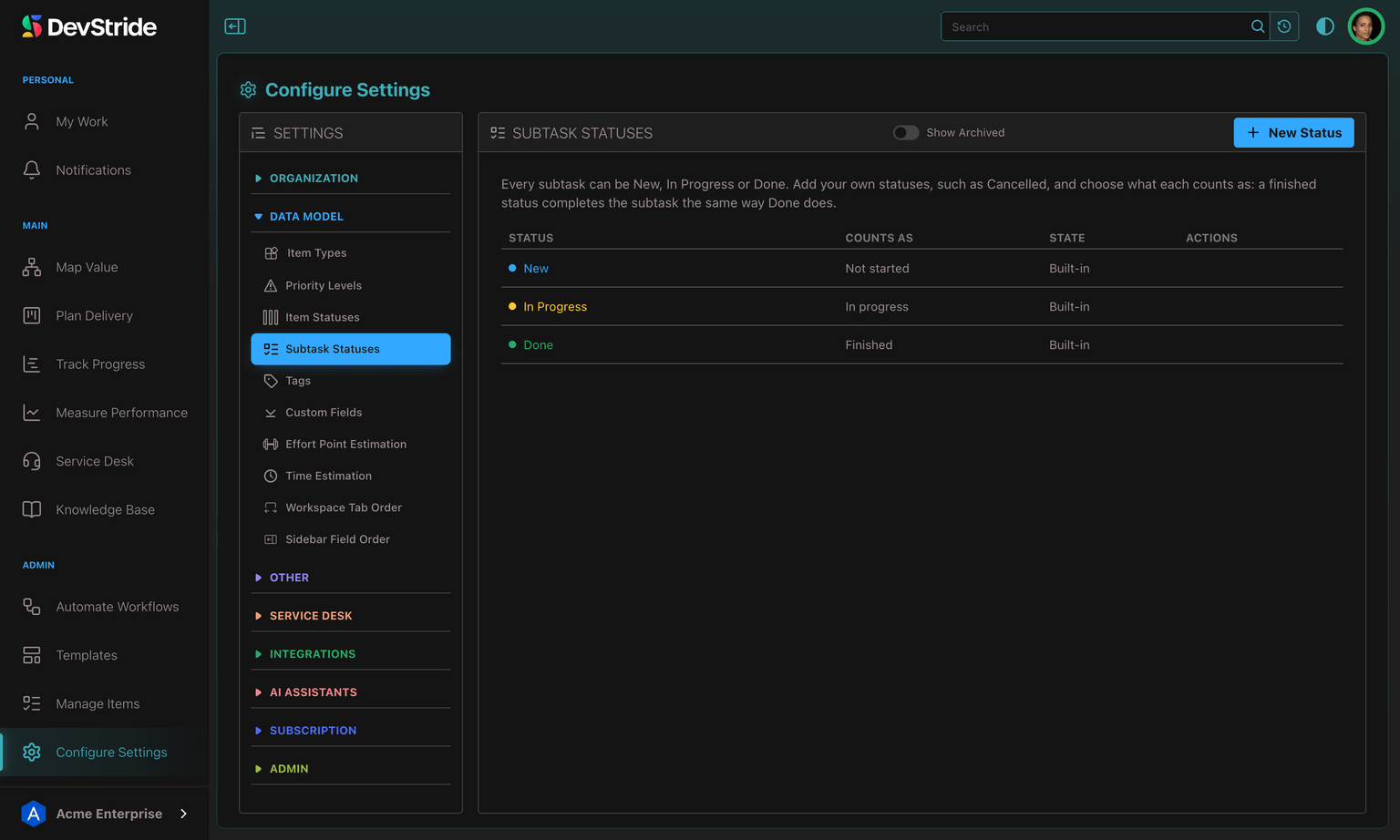 Configure Settings open on Data Model → Subtask Statuses, directly under Item Statuses in the menu: the built-in New, In Progress and Done statuses, the Show Archived switch and the New Status button.